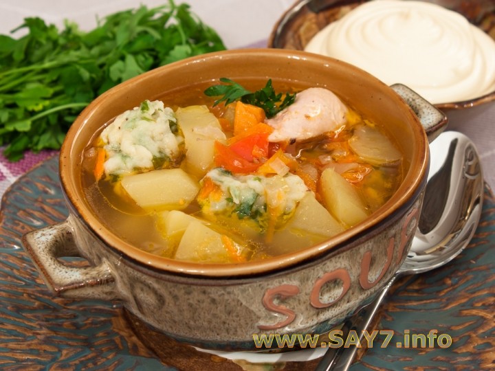 Рецепт Суп с цыпленком, овощами и клецками с зеленью